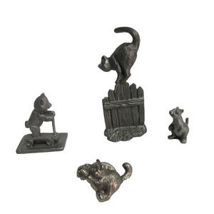 VTG Mini Metal Pewter Cat on Fence Squirrel Cat on Scooter Push Pin Cat W/Yarn